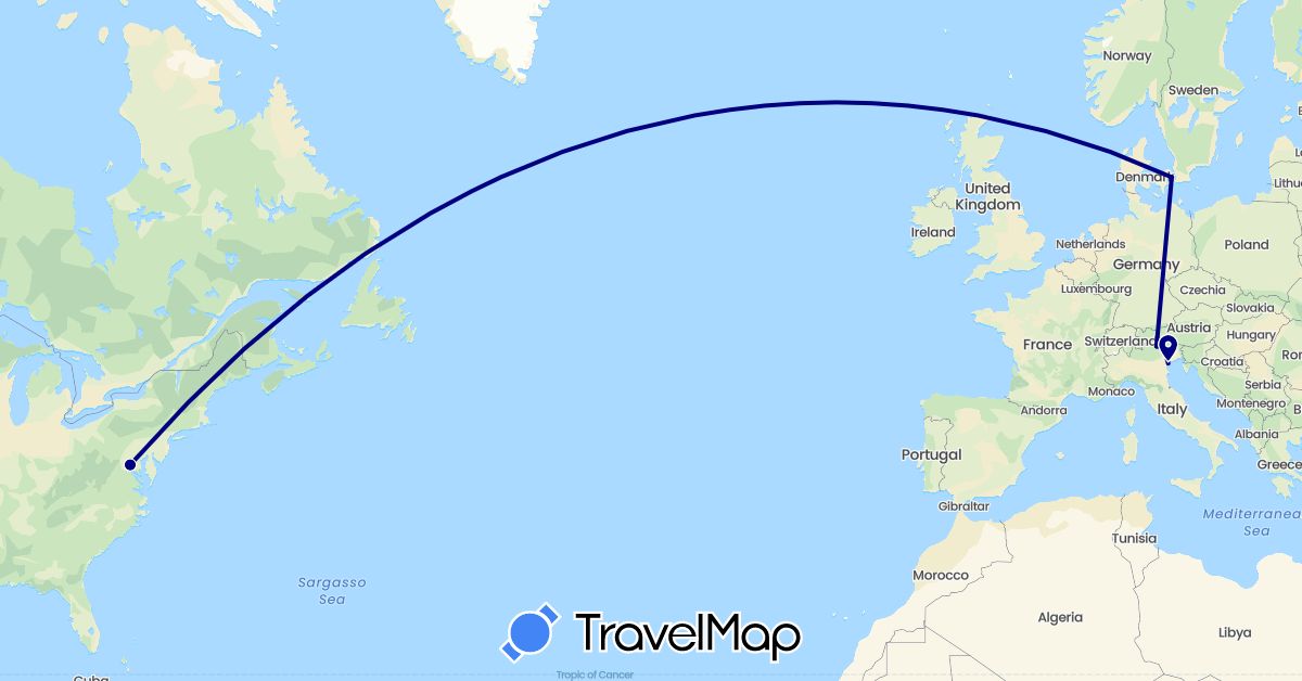 TravelMap itinerary: driving in Denmark, Italy, United States (Europe, North America)